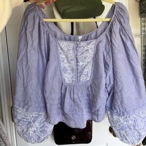 Anthropologie Purple Blouse with White Embroidery